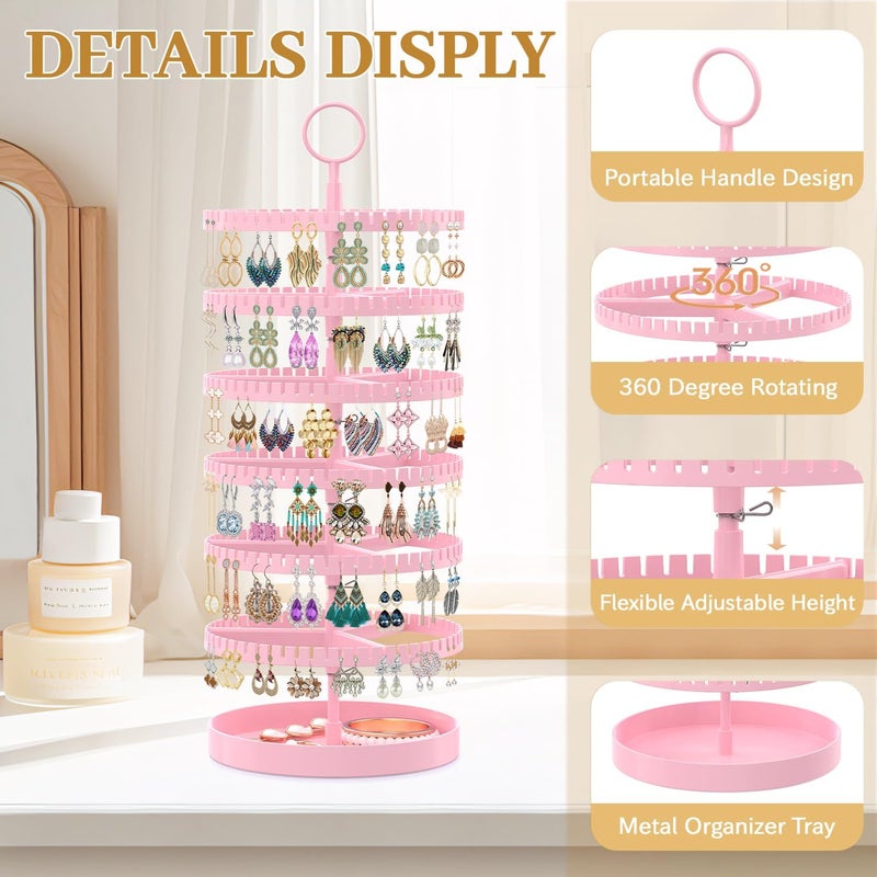 MODOWEY 6 Tier Rotating Earring Holder Organizer Display Tree with Metal Tray, Adjustable Plastic Stand with 342 Slots for Stud Hoop Hanger, Large Capacity Storage Rack for Women, Pink - Image 4